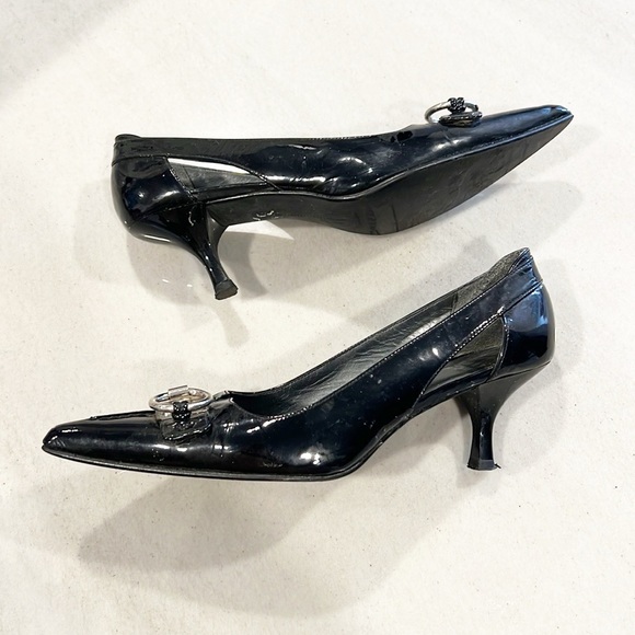 Stuart Weitzman Tabetha Patent Leather Kitten Heels Black Buckle Pointed Toe 7 - Picture 2 of 13